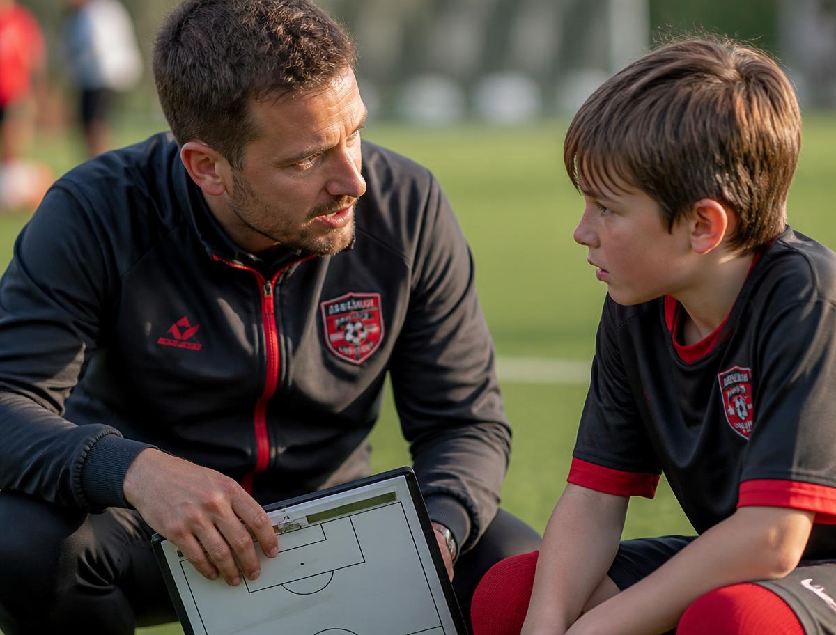 Academy coach reviewing a development plan with a young player