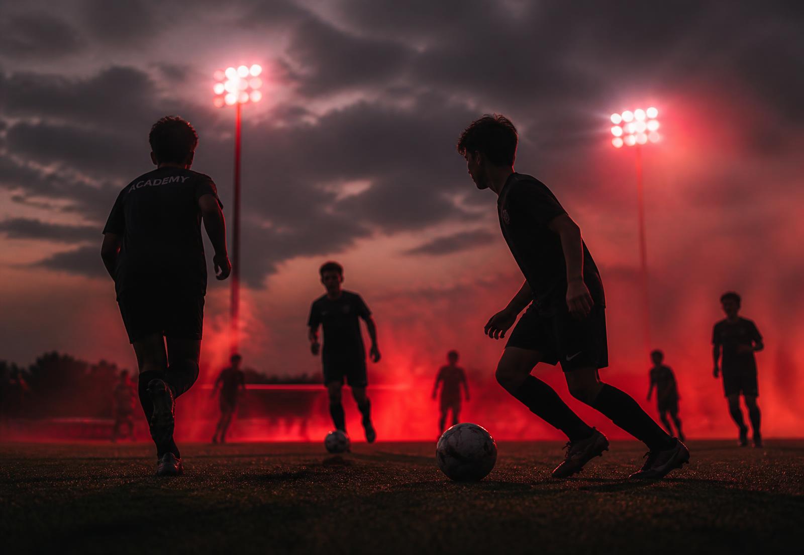 Academy players training under floodlights at dusk